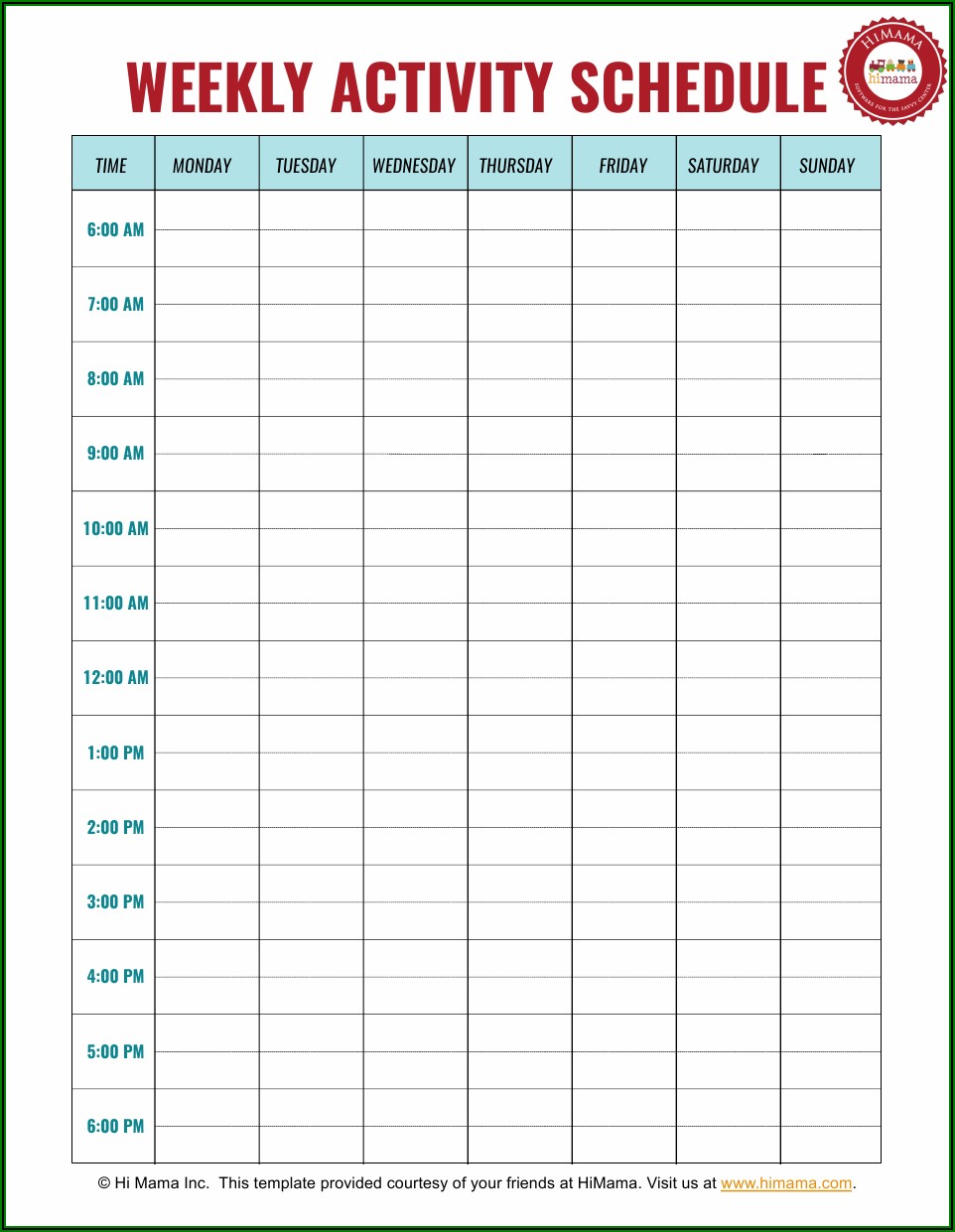 Weekly Schedule Template Pdf Monday To Sunday
