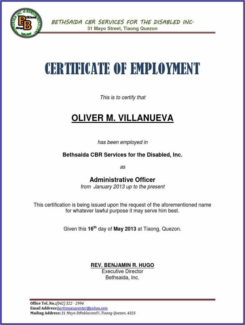 Certificate Of Employment Letter Template
