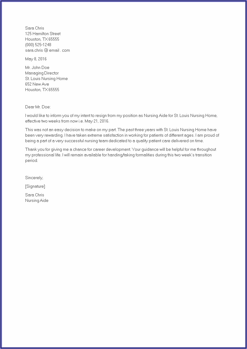 Cna Resignation Letter Example