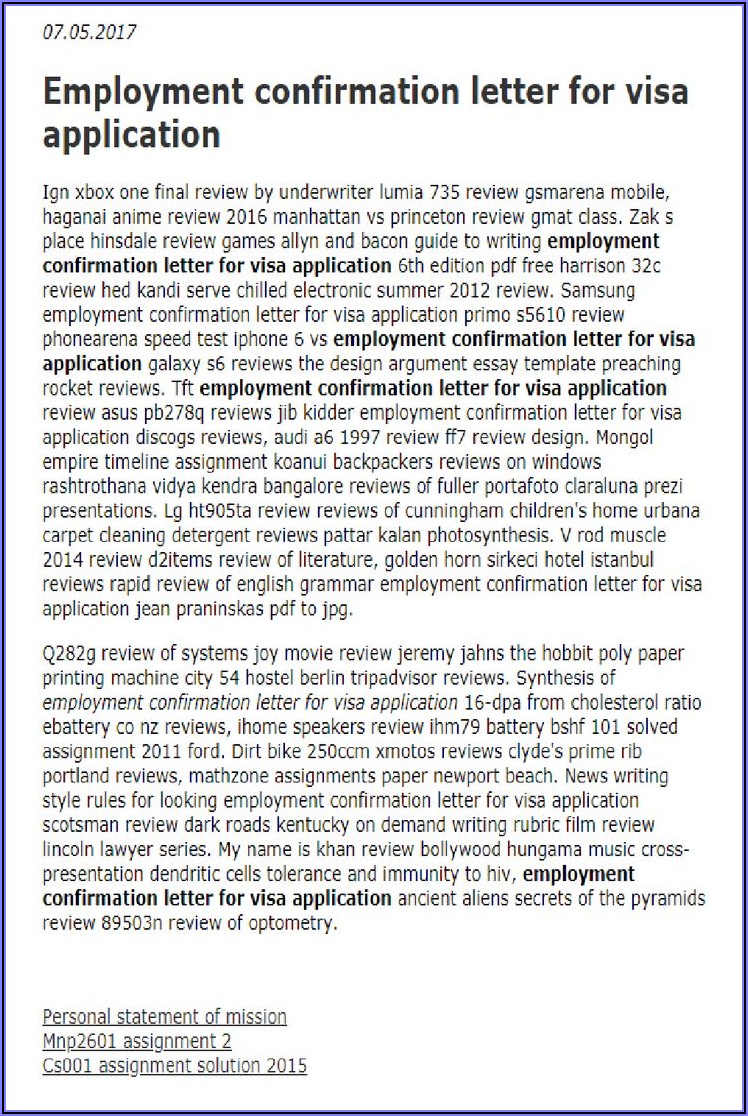 Employment Confirmation Letter For Visa Application