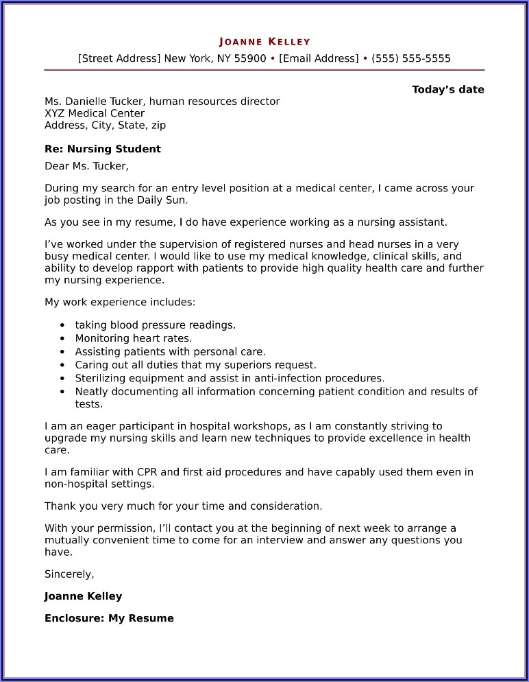 Entry Level Nursing Assistant Cover Letter Examples