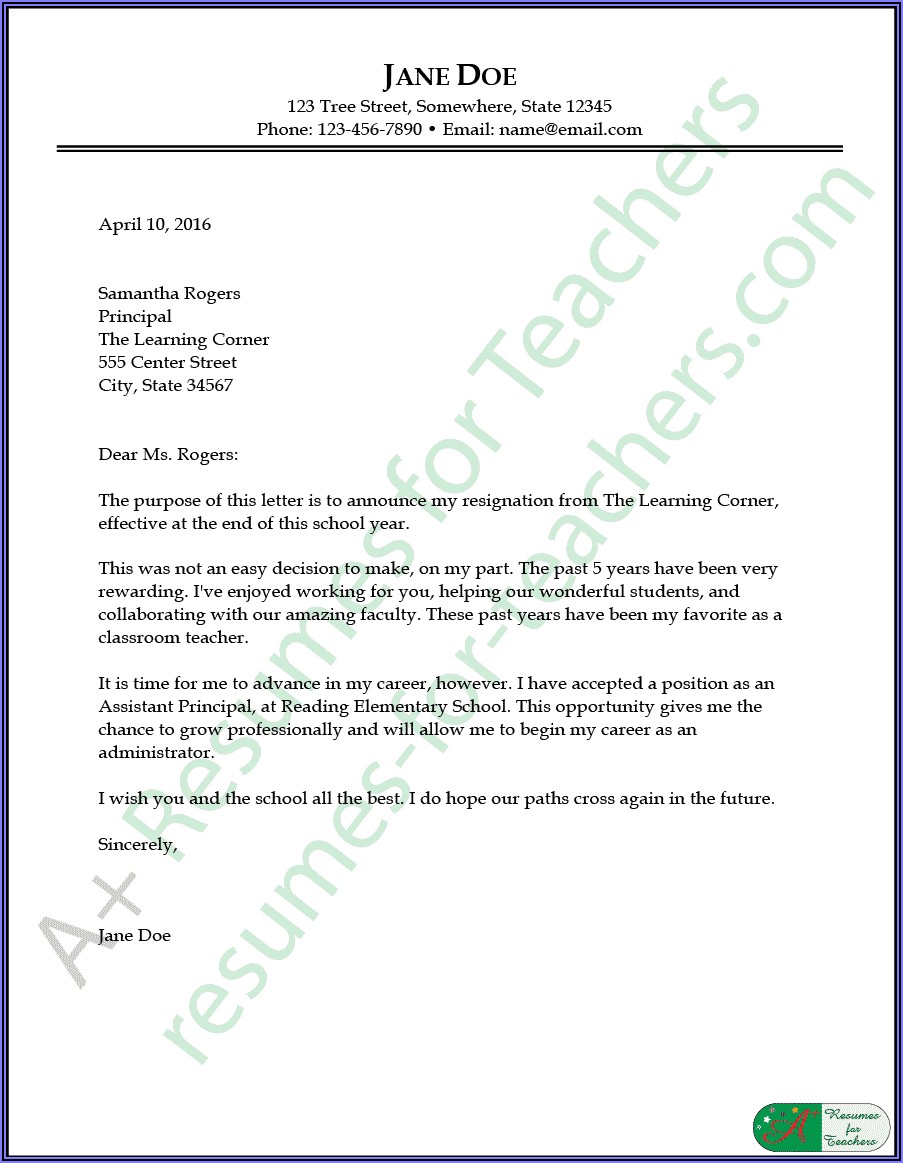 Example Of Resignation Letter For Teacher