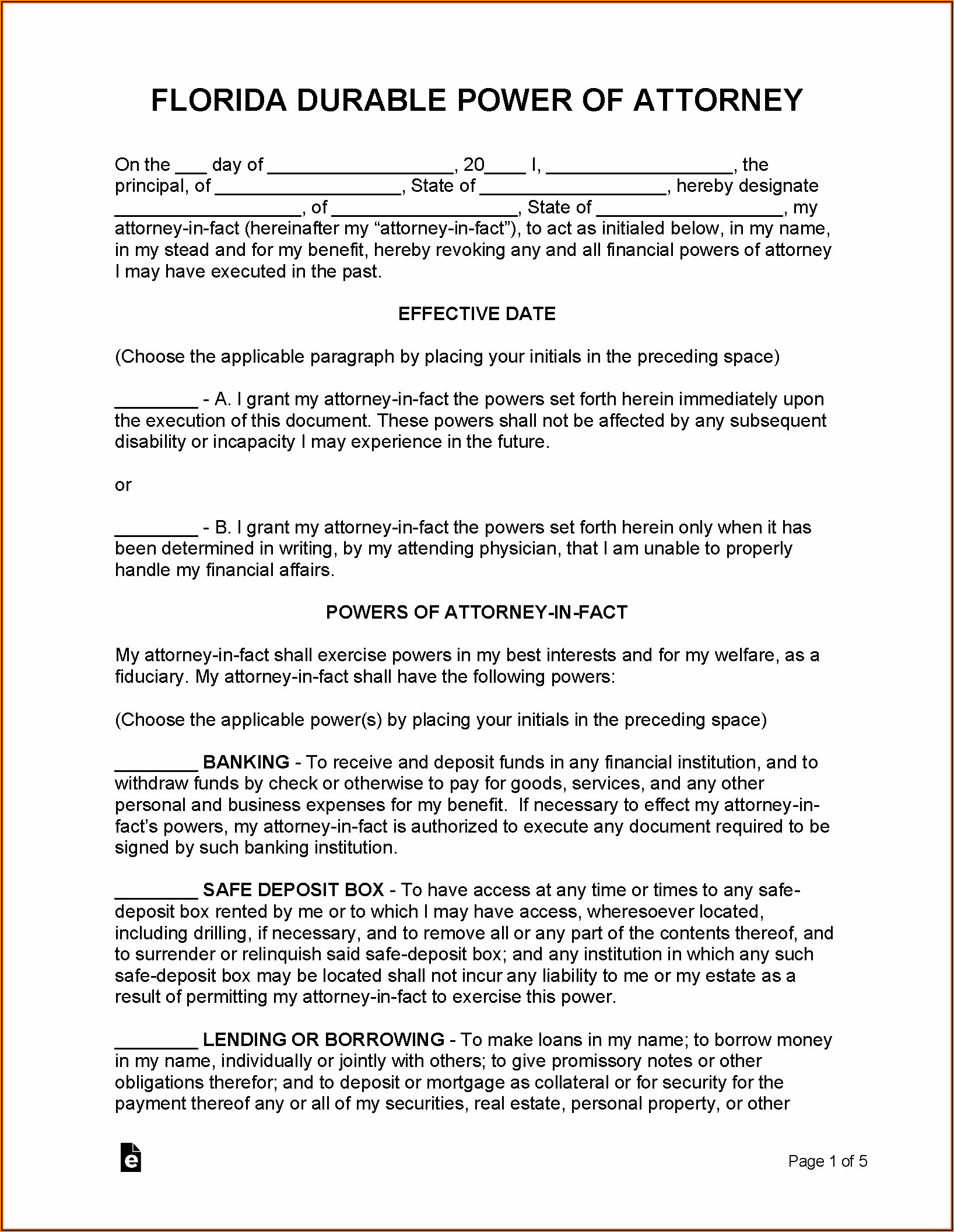 Florida Durable Power Of Attorney Form Template