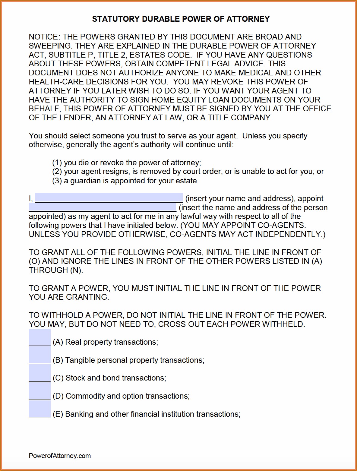 Free Power Of Attorney Form Texas Template