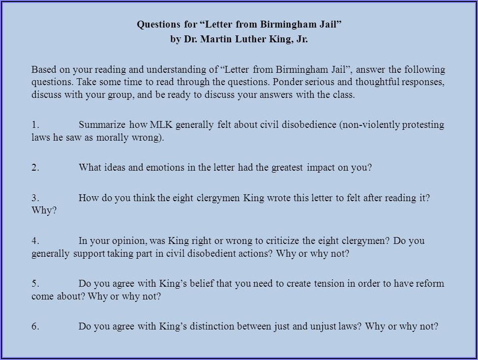 Letter From Birmingham Jail Analysis Questions