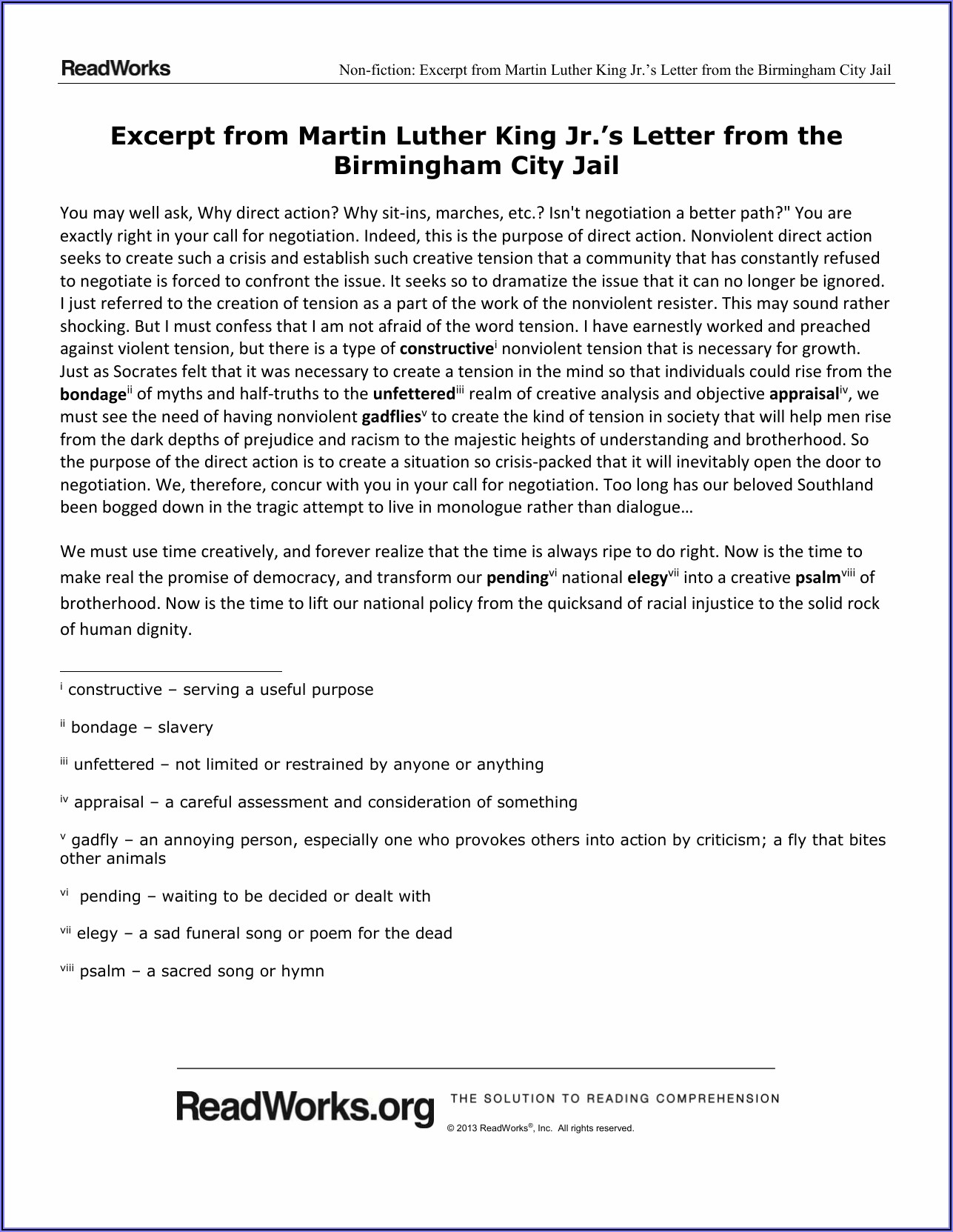 Letter From Birmingham Jail Comprehension Questions Answer Key