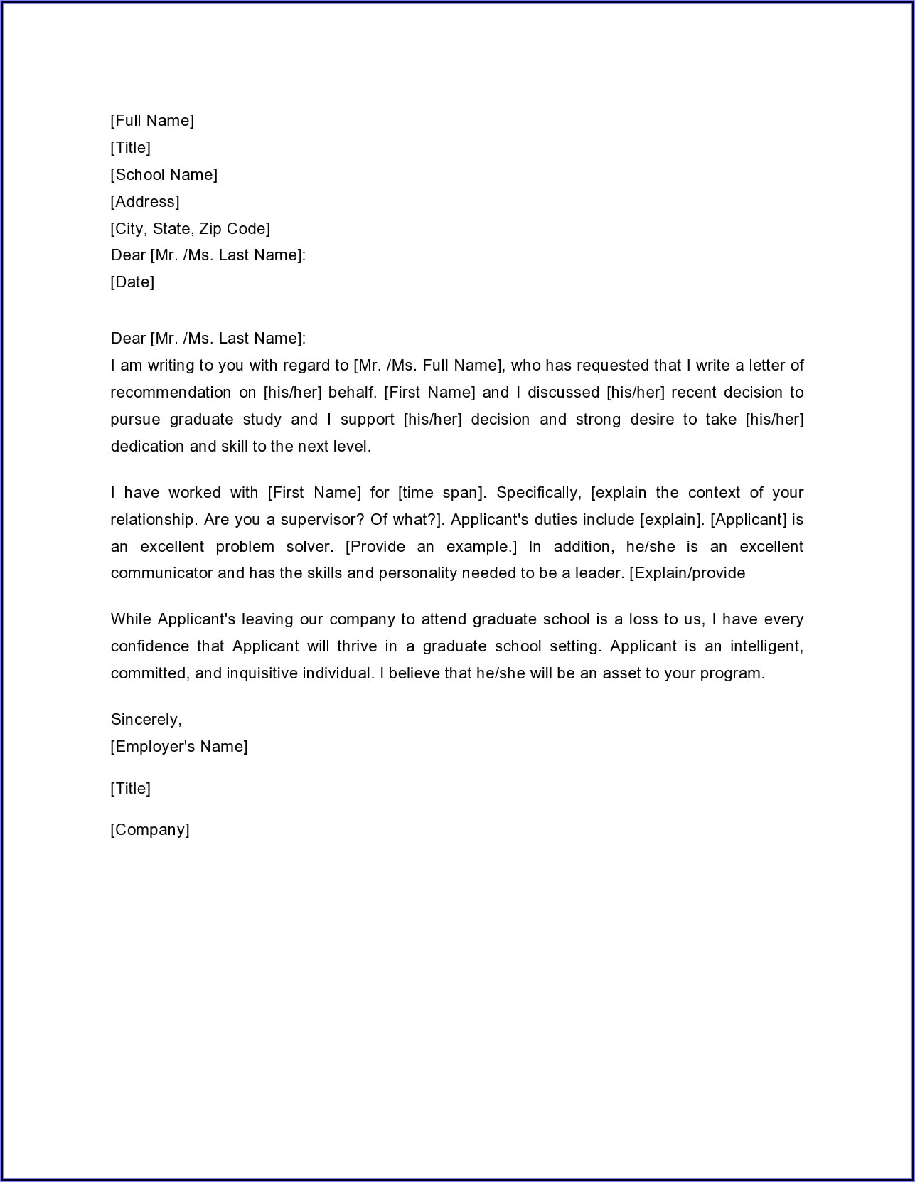 Letter Of Recommendation Template For Employee To Graduate School