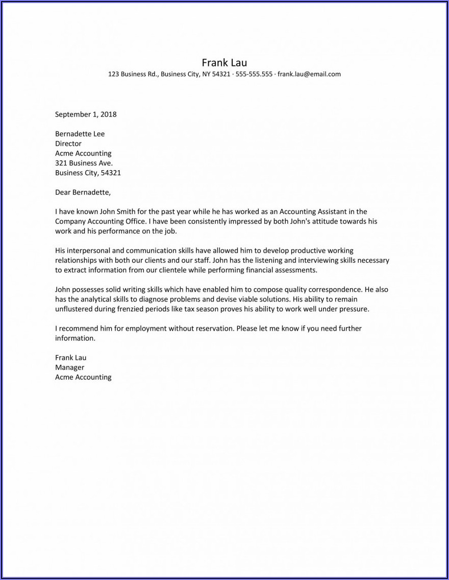 Letter Of Recommendation Template For Employee