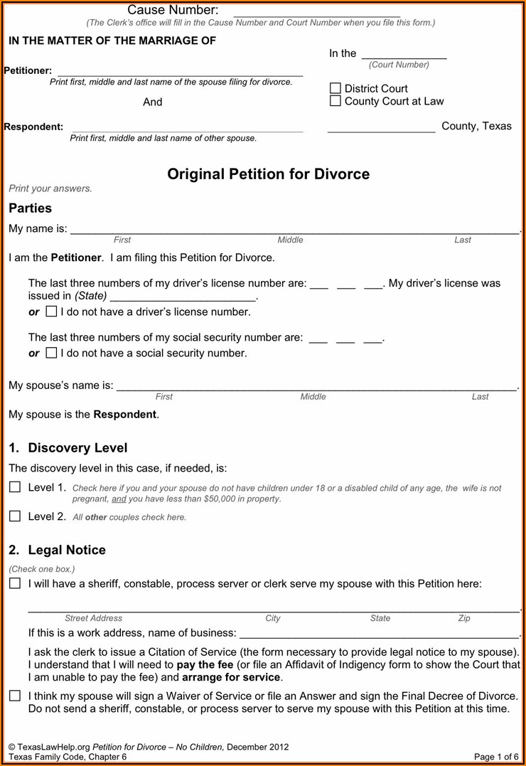 Original Petition For Divorce Texas Free Form