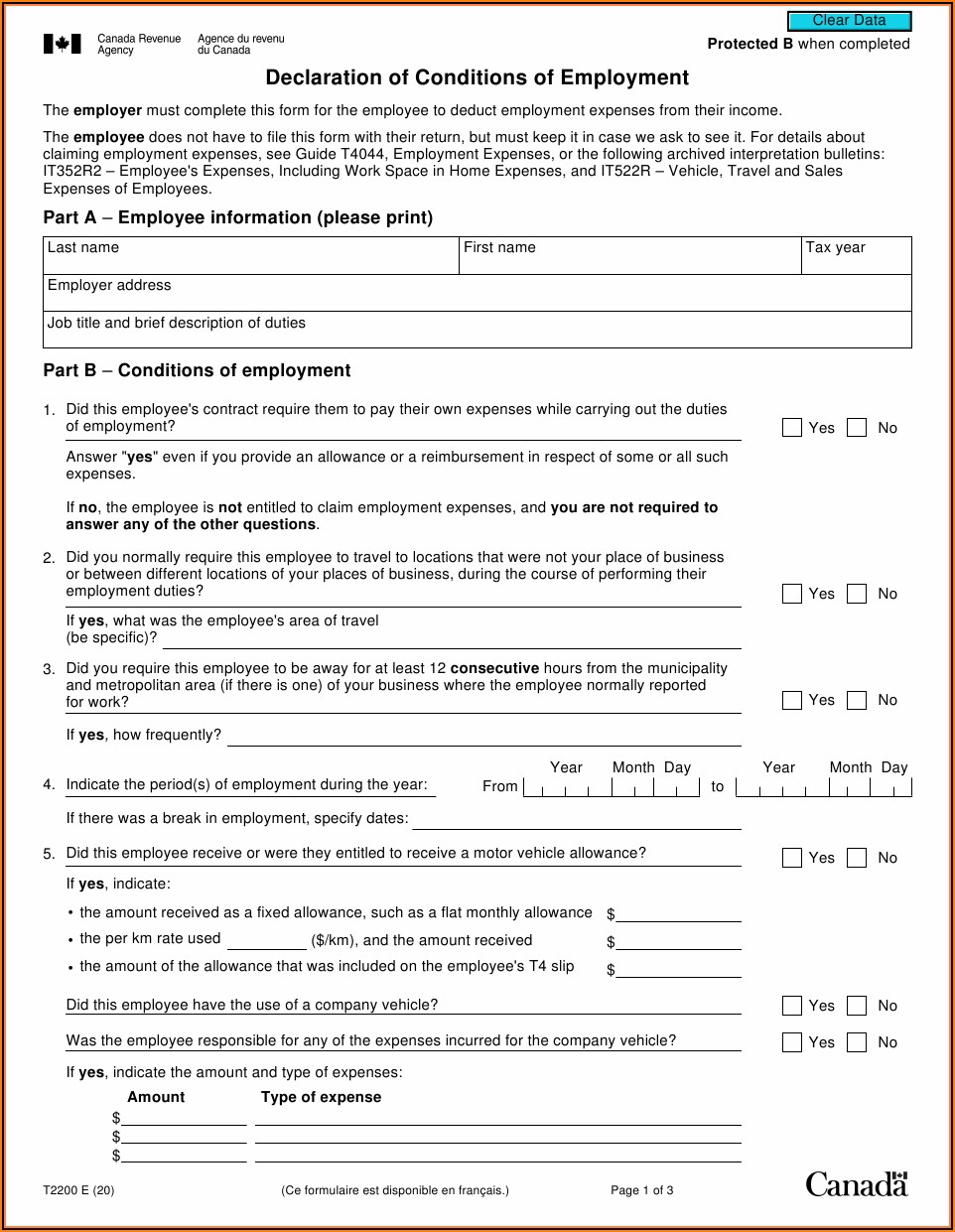 Printable T2200 Income Tax Form