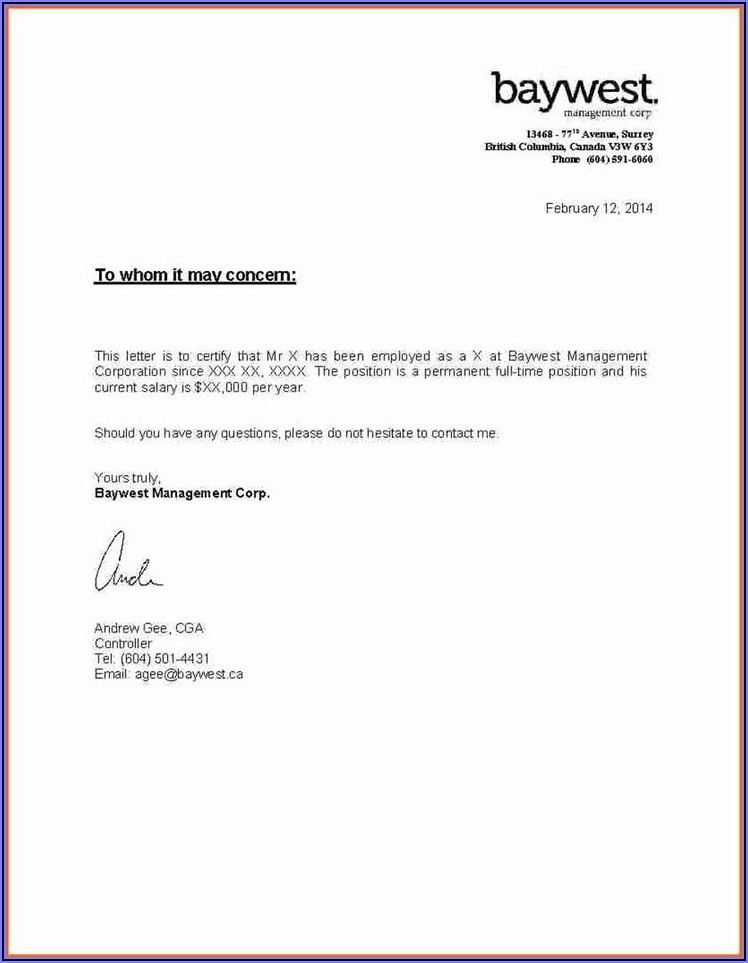 Proof Of Employment Letter Template Canada