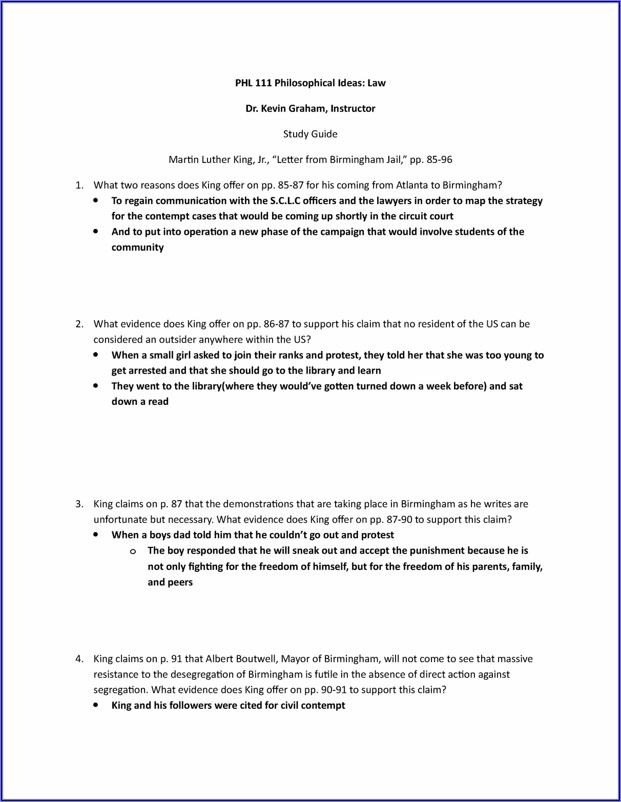 Questions For Group Discussion Letter From Birmingham Jail Answers