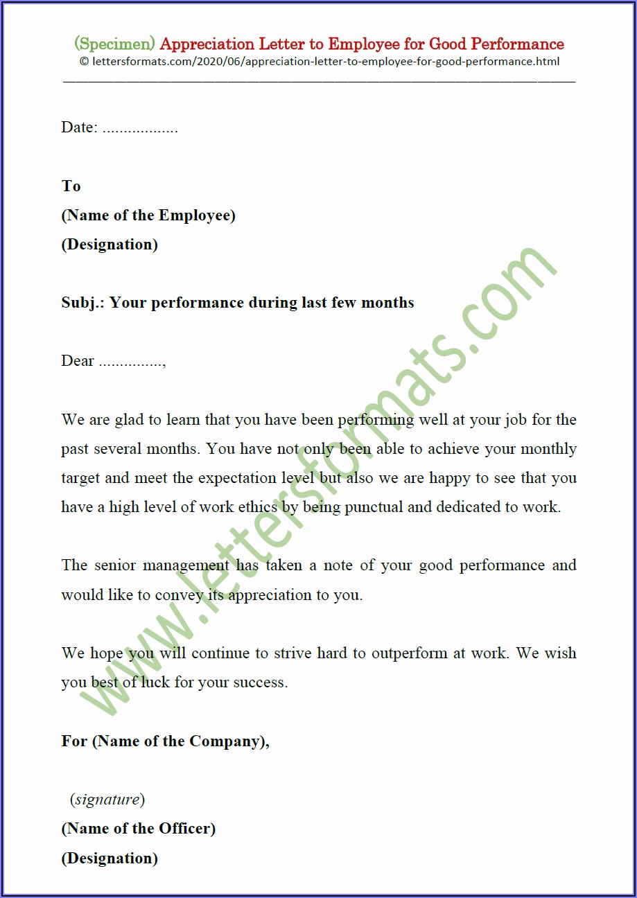 Recognition Appreciation Letter For Good Work Done