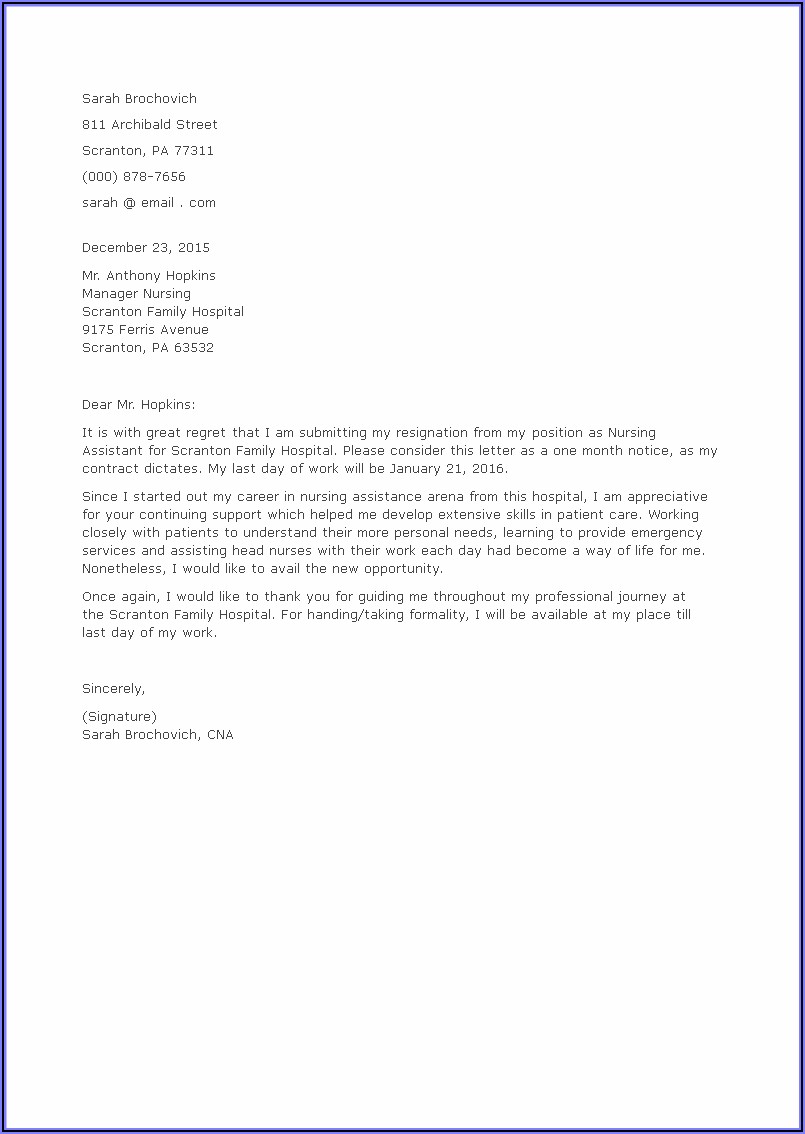 Resignation Letter Cna Job