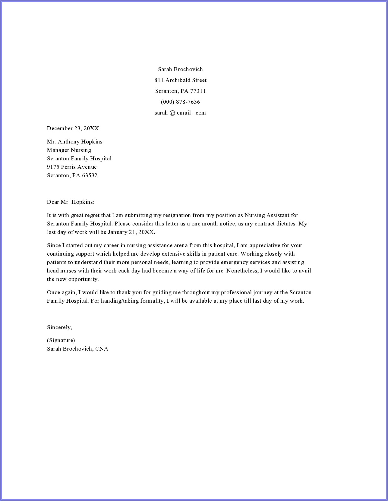 Resignation Letter For Cna Position