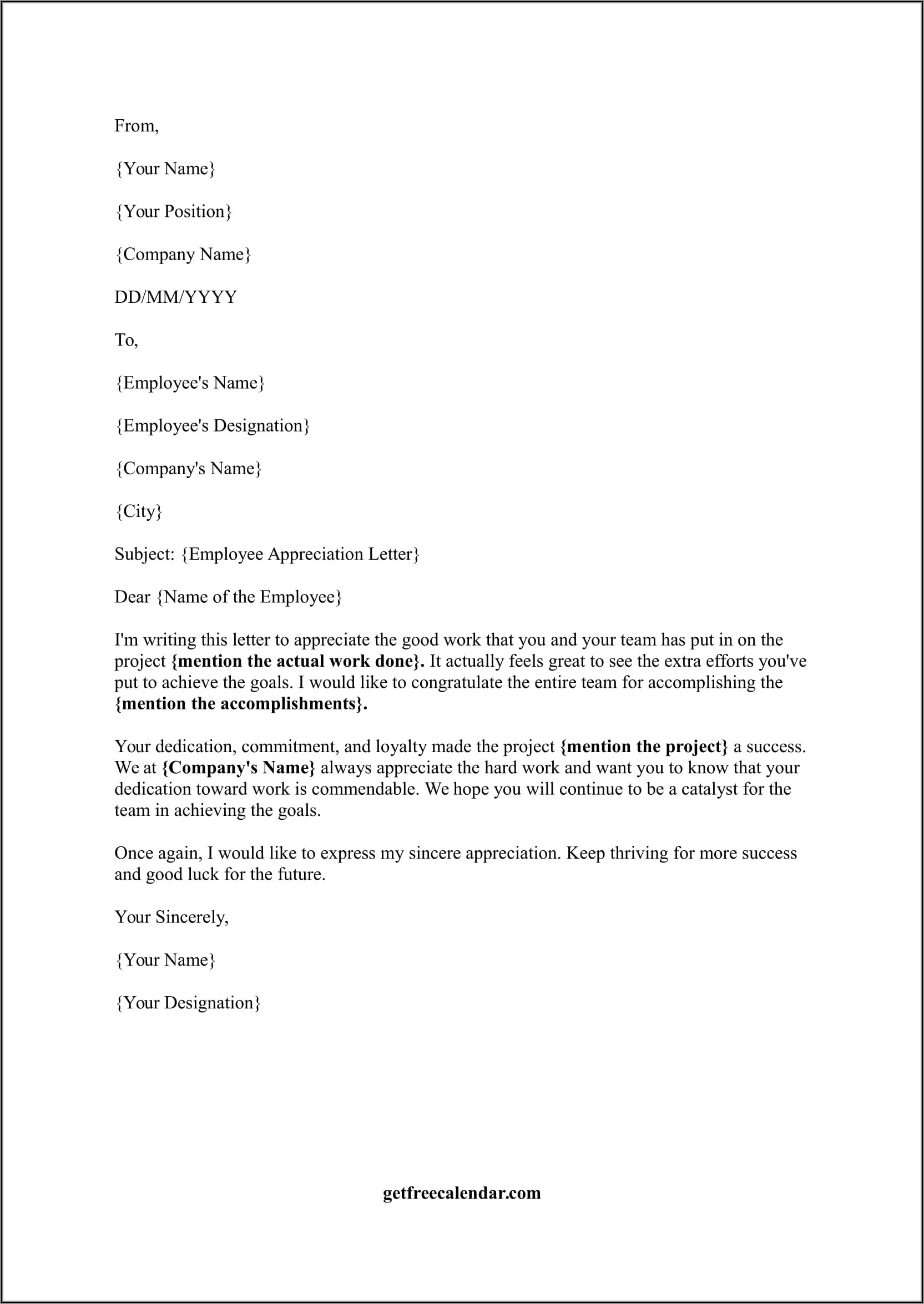 Sample Appreciation Letter To Employee For Hard Work