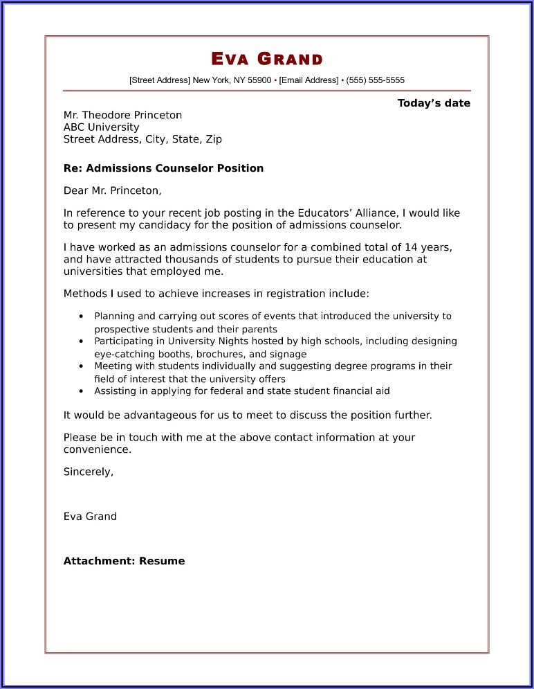 Sample Cover Letter Admissions Counselor