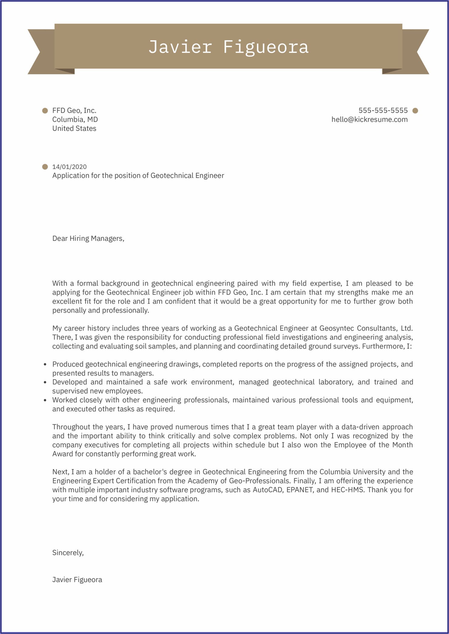 Sample Cover Letter For Entry Level Civil Engineering Position