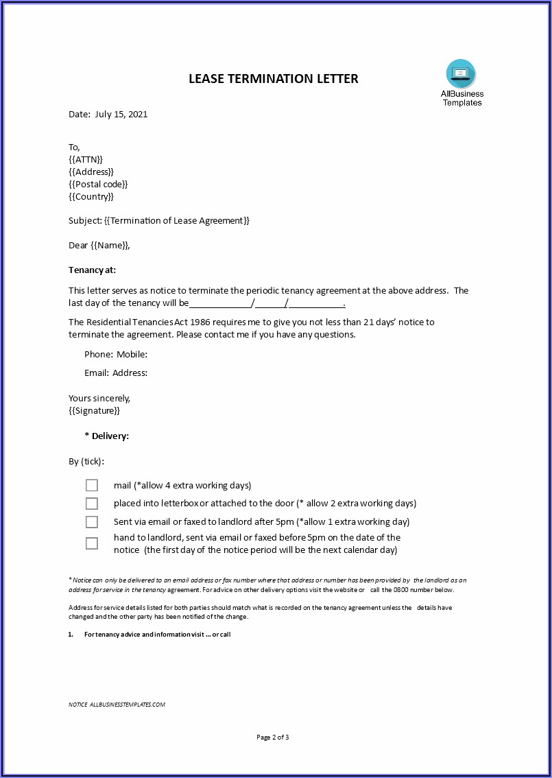 Sample Early Lease Termination Letter To Landlord Commercial
