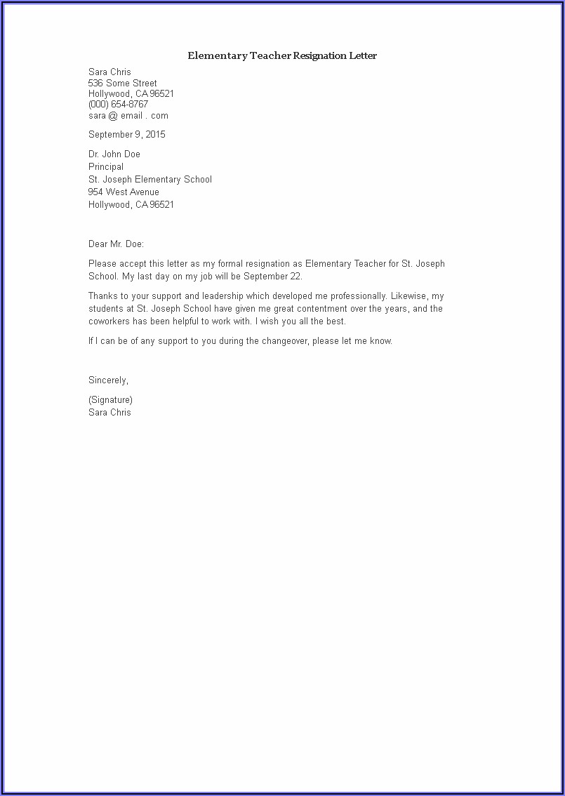 Sample Of Resignation Letter For Teacher Pdf