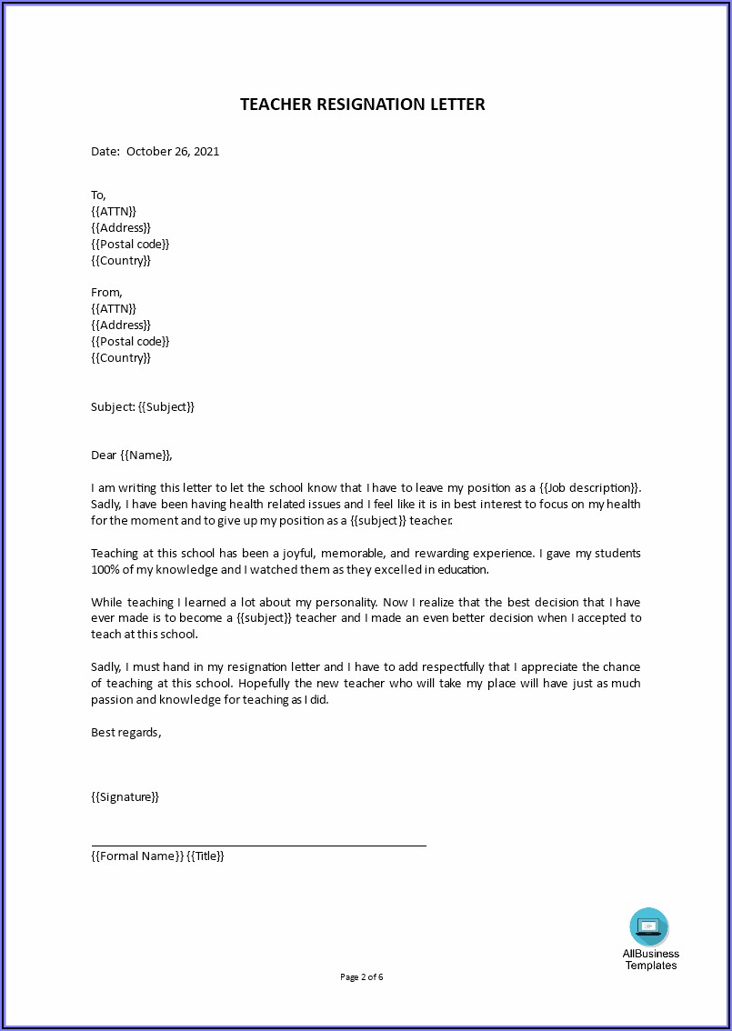 Sample Of Resignation Letter For Teachers