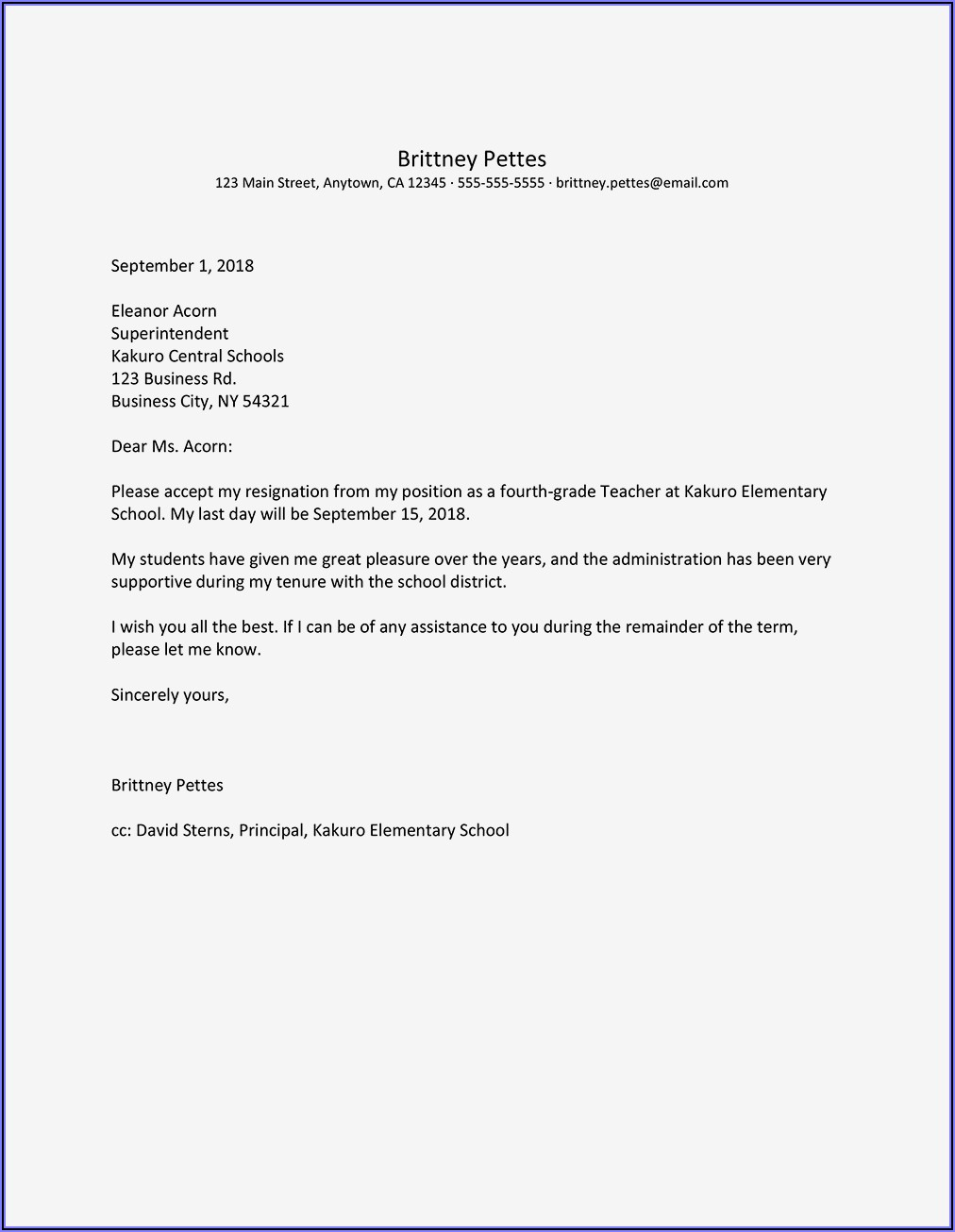 Sample Of Resignation Letter For Teaching