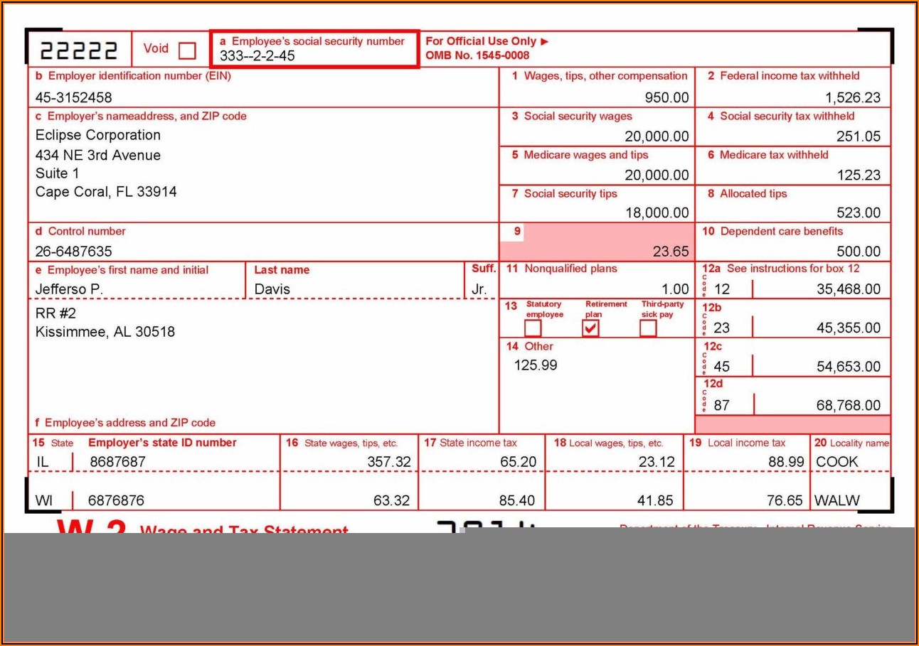 Sample W2 Tax Form