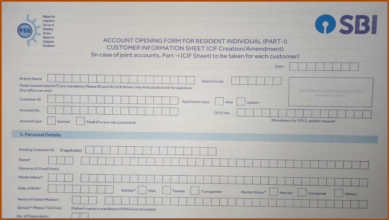 Sbi Bank Account Opening Form Sample