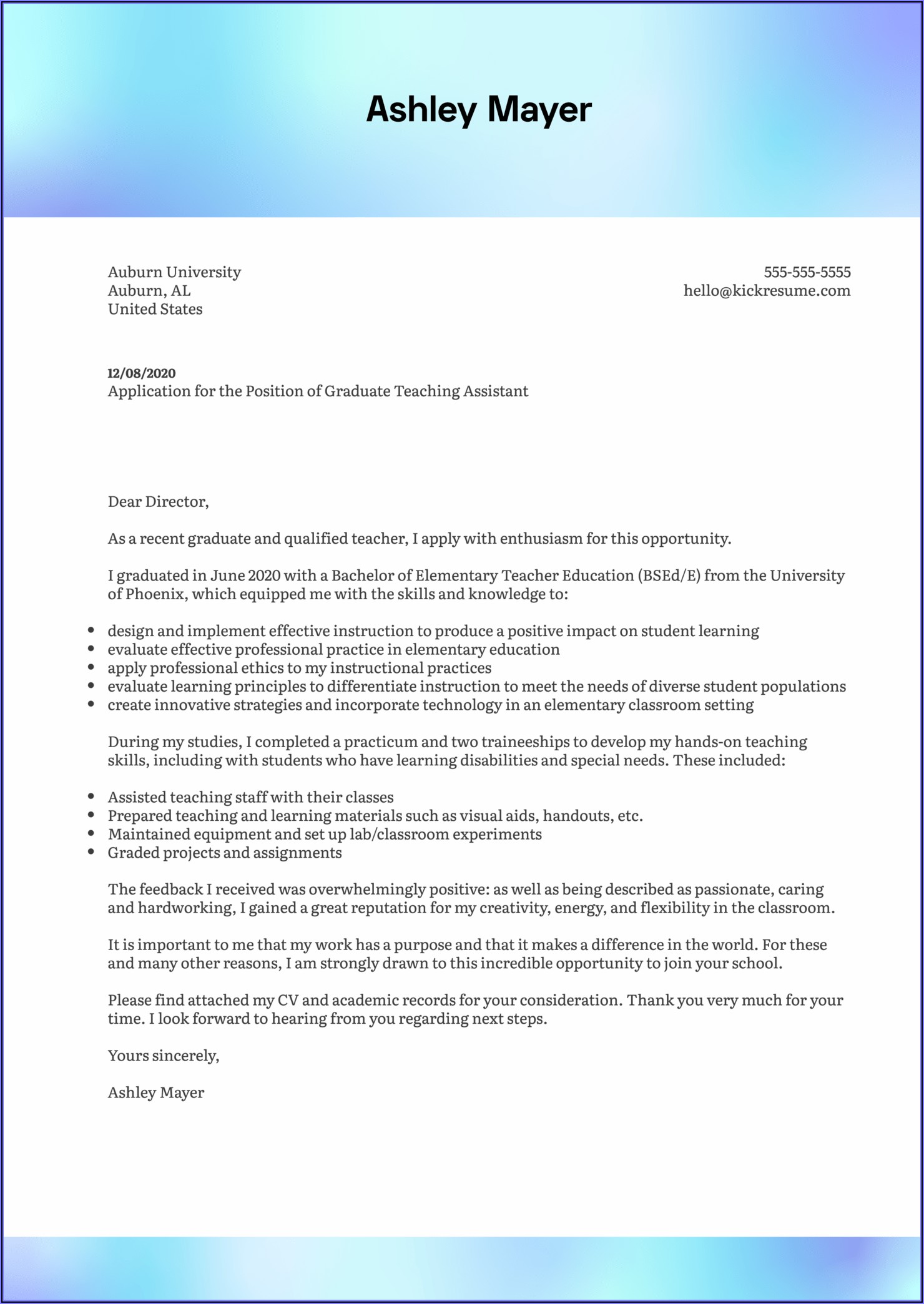Sen Teaching Assistant Cover Letter No Experience