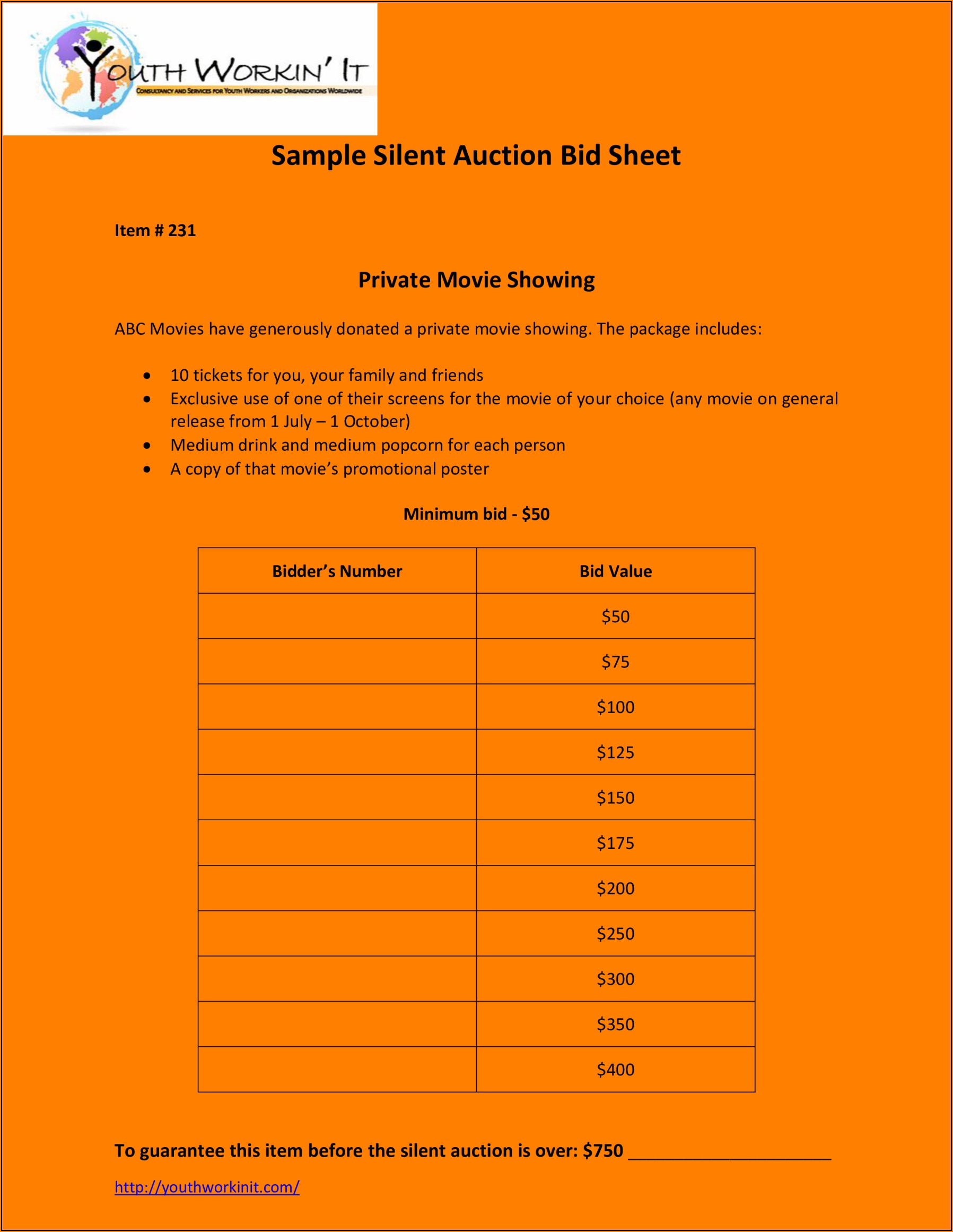 Silent Auction Bid Sheets Carbon Copy