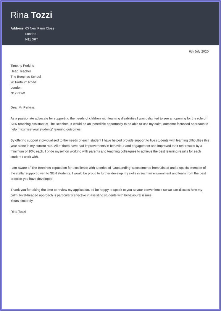 Teaching Assistant Cover Letter Example Uk