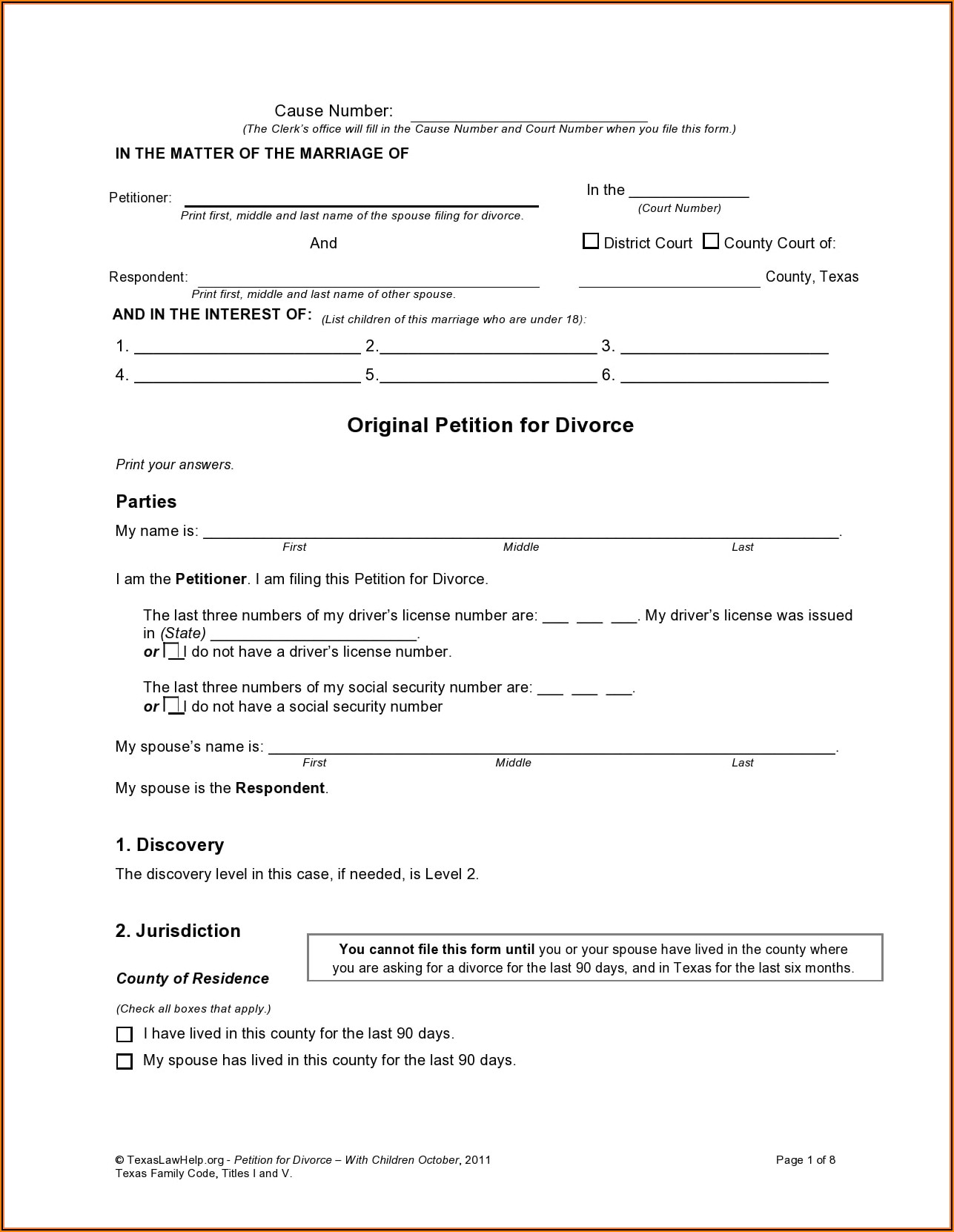 Texas Counter Petition For Divorce Form
