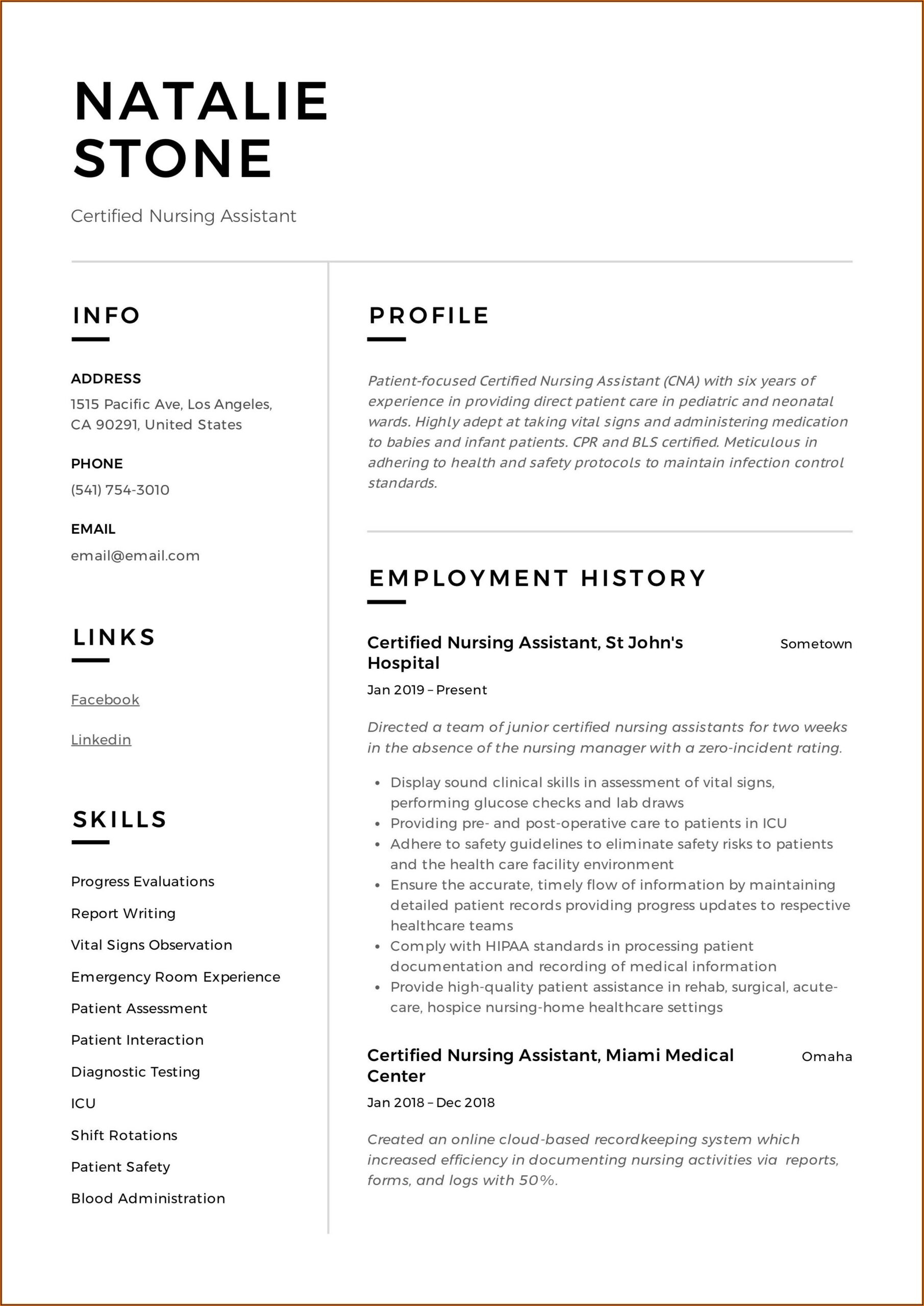 Certified Nursing Assistant Resume Sample