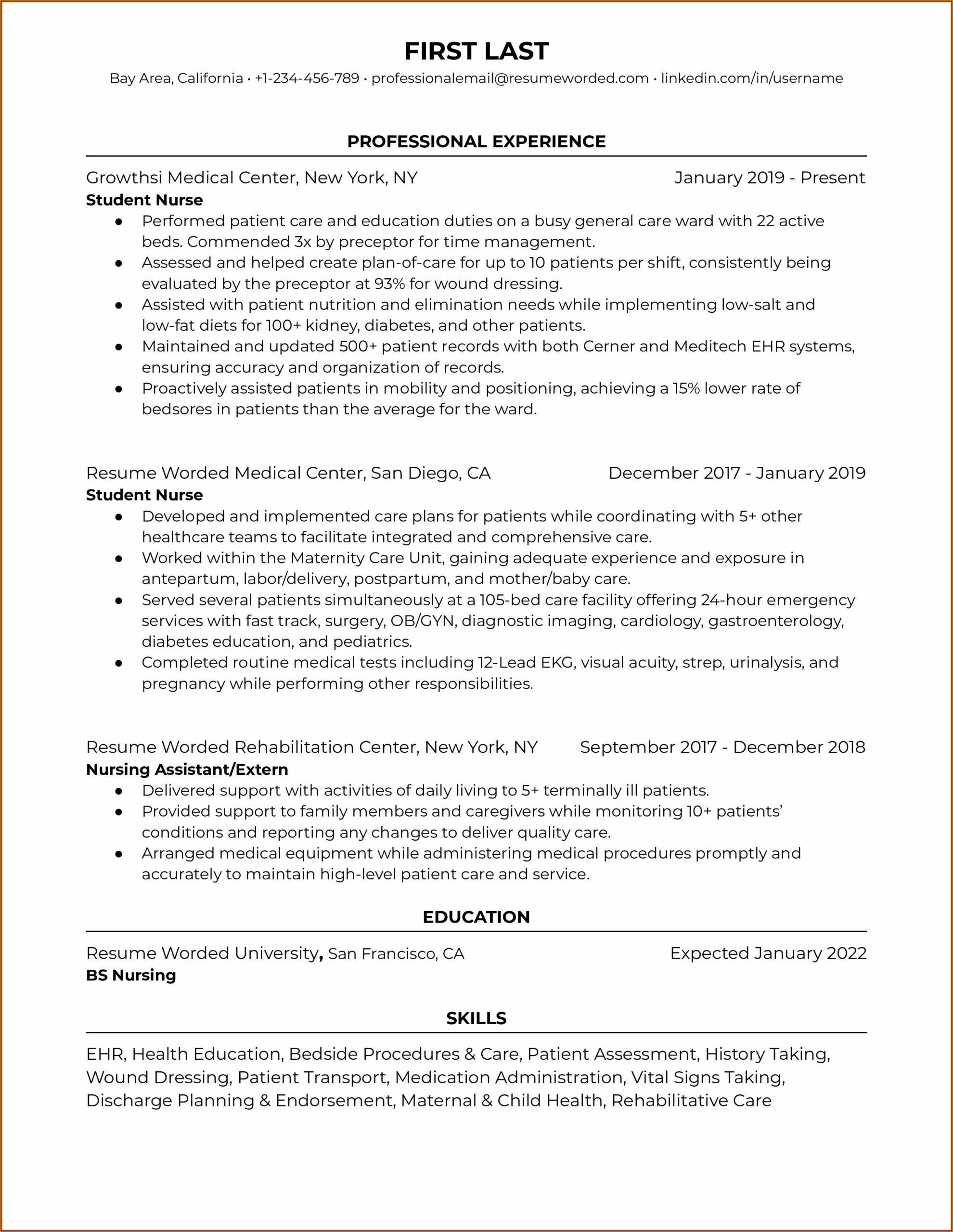 Example Of Resume For Nursing Student
