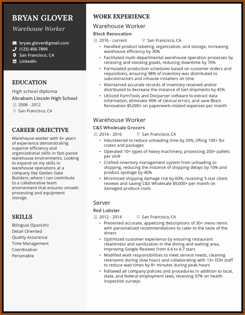 Free Sample Resume For Warehouse Worker