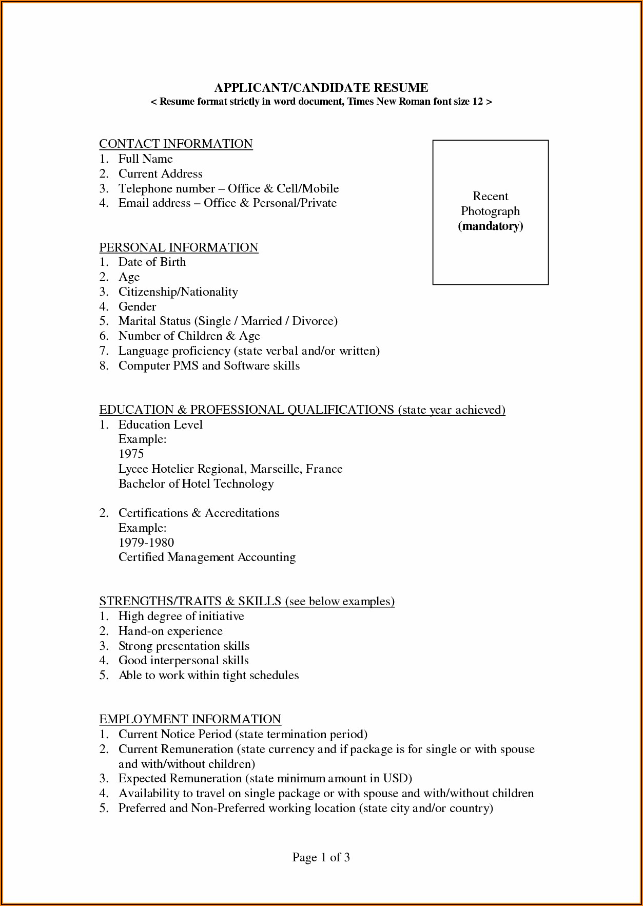 Normal Resume Format In Word Download