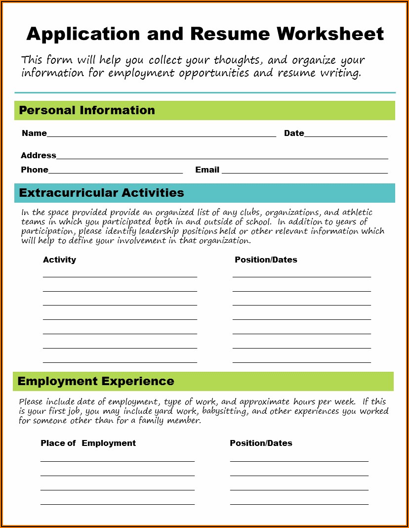 Resume Writing Worksheet For High School Students