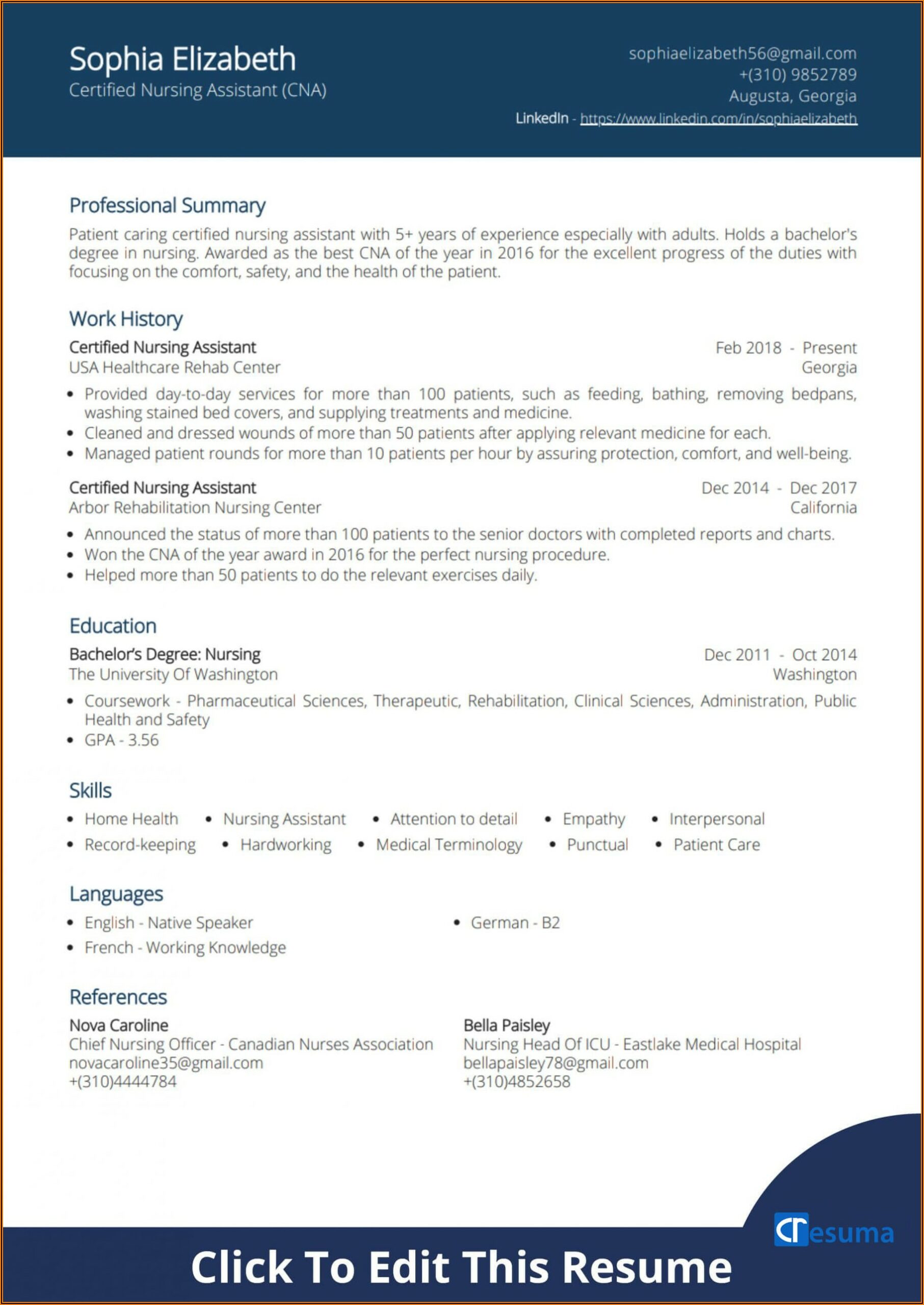 Sample Of Resume For Certified Nursing Assistant