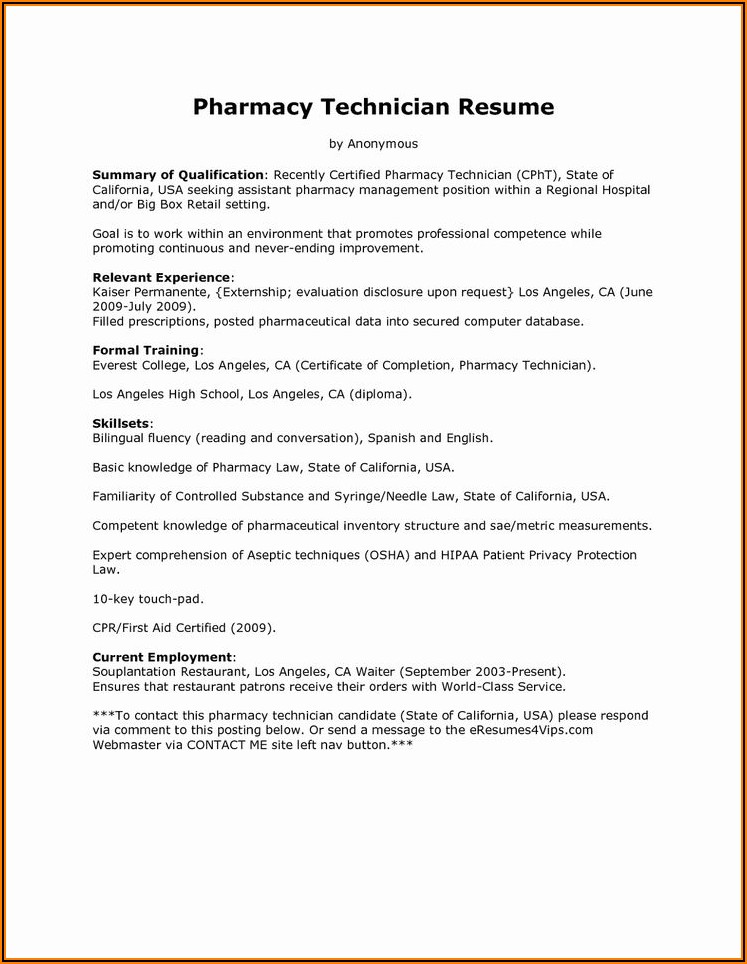 Sample Pharmacy Tech Resume