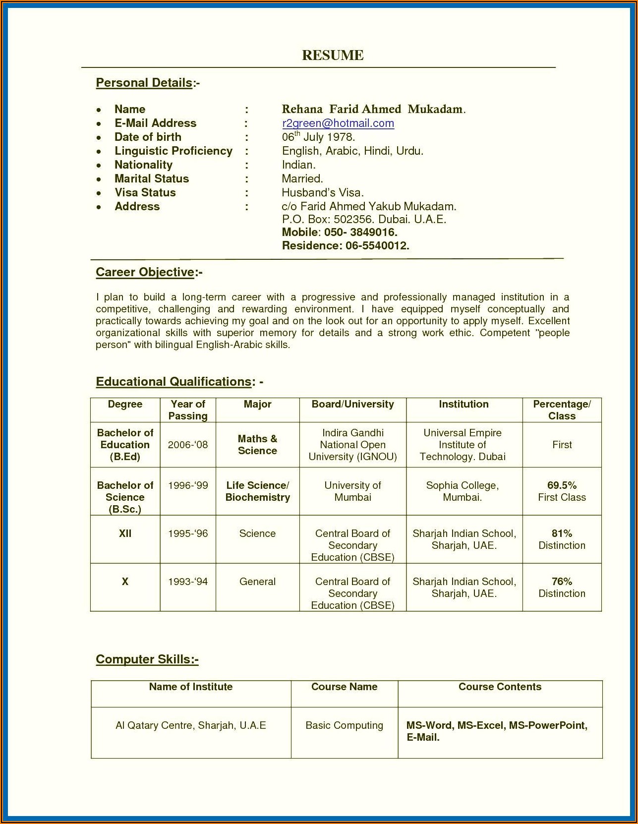 Teacher Resume Format In Word Free Download India