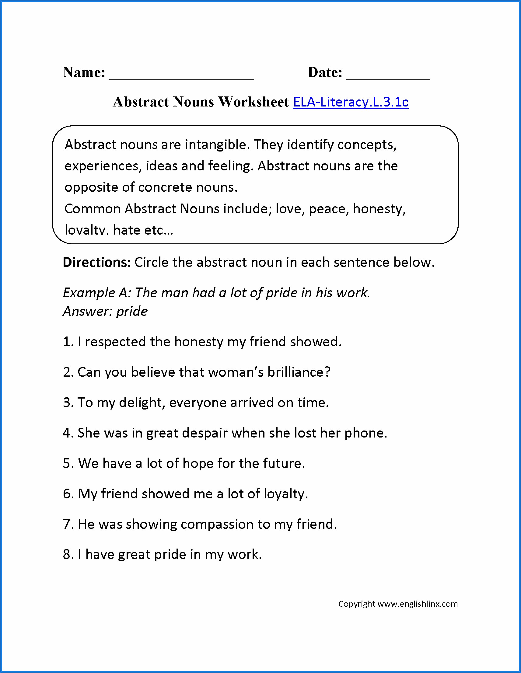 3rd Grade Abstract Nouns Worksheet