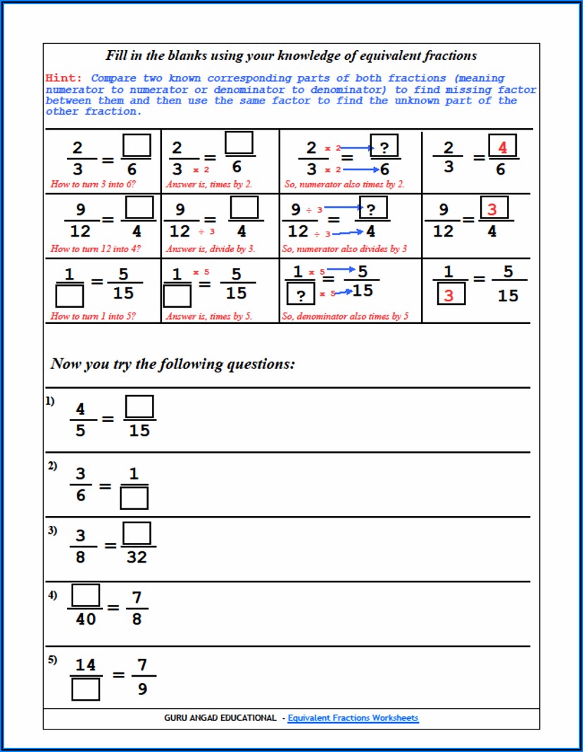 4th Grade Math Worksheets Equivalent Fractions