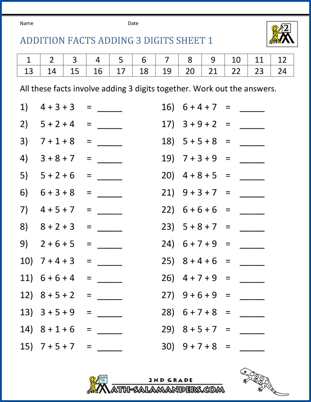 Addition Math Facts Worksheets Generator