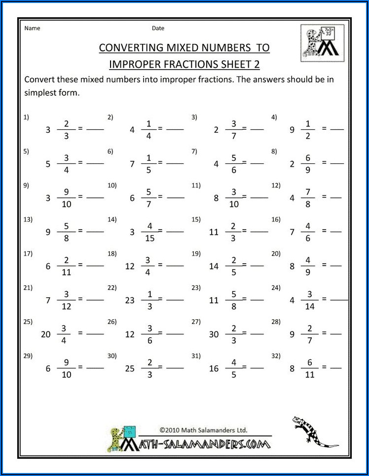 Change Improper Fraction To Mixed Number Worksheet