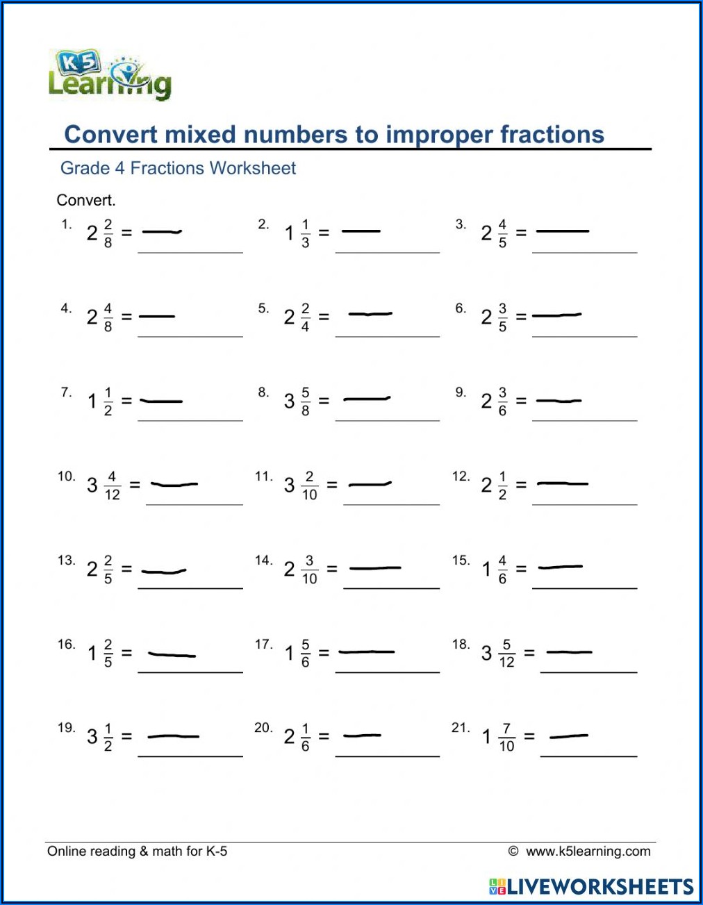 Convert Improper Fraction To Mixed Number Worksheet
