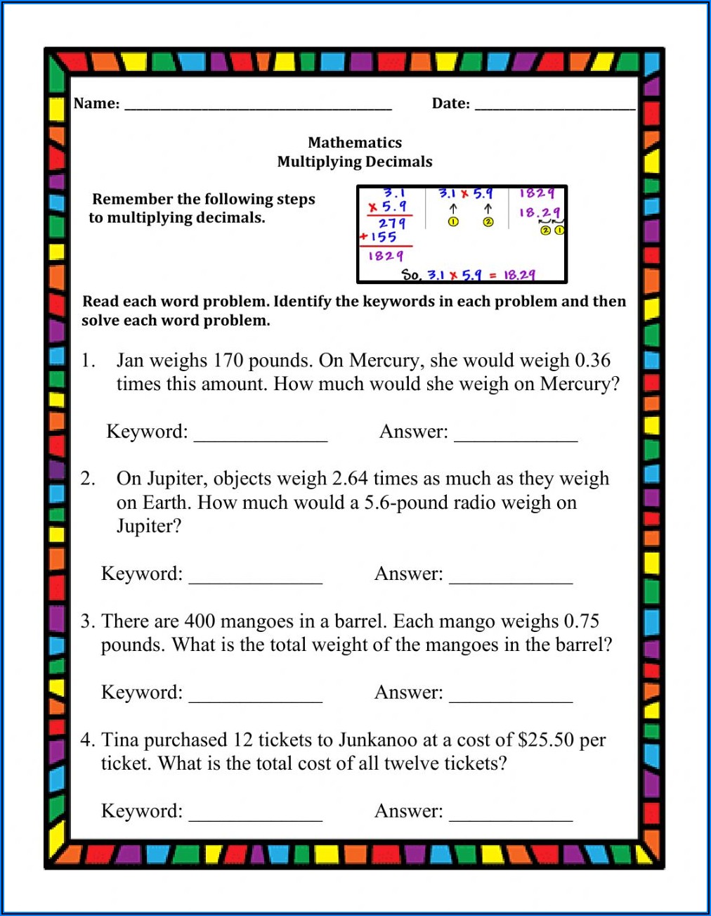 Decimal Word Problem Worksheets For 6th Grade