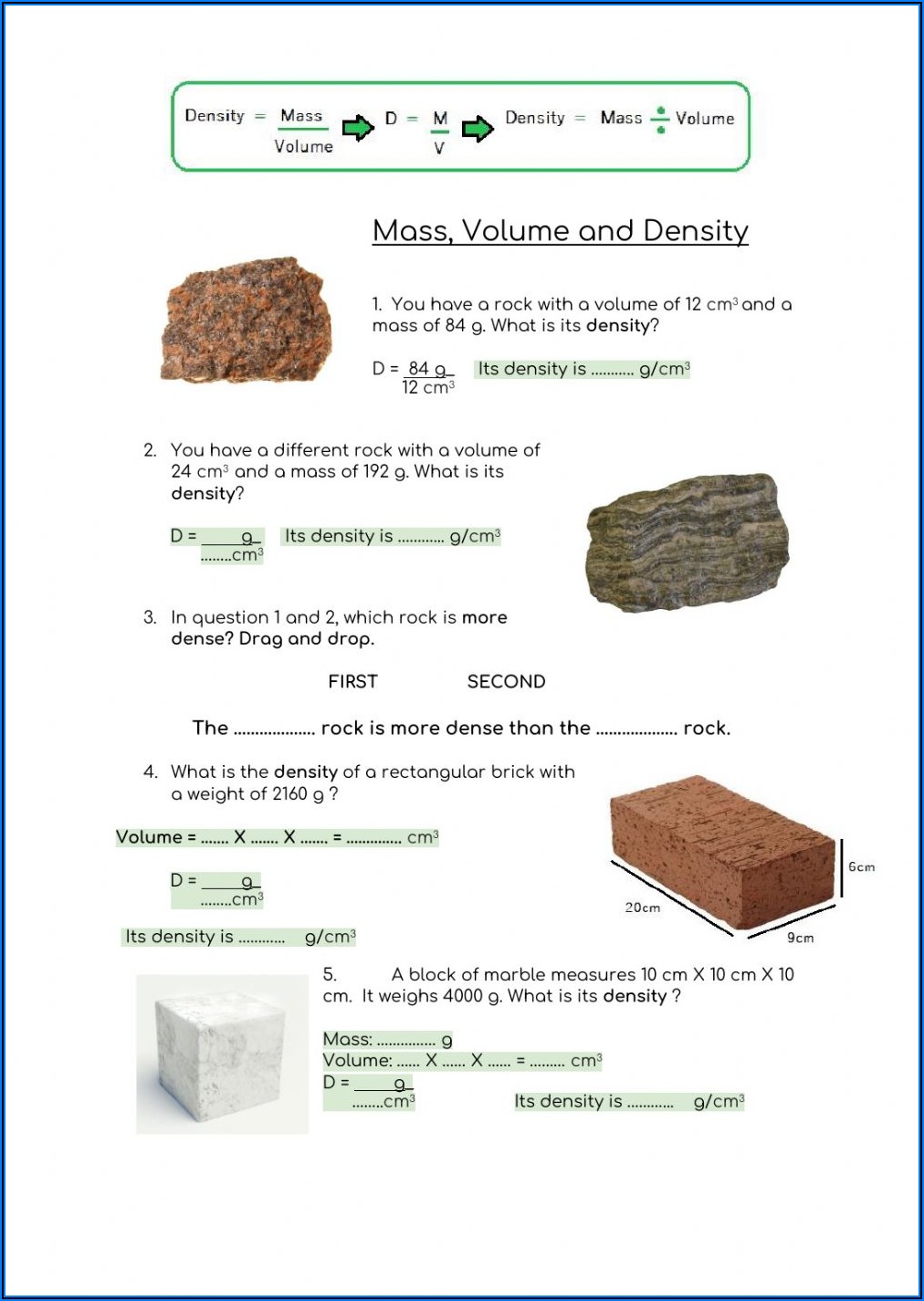 Density Worksheet For Grade 8