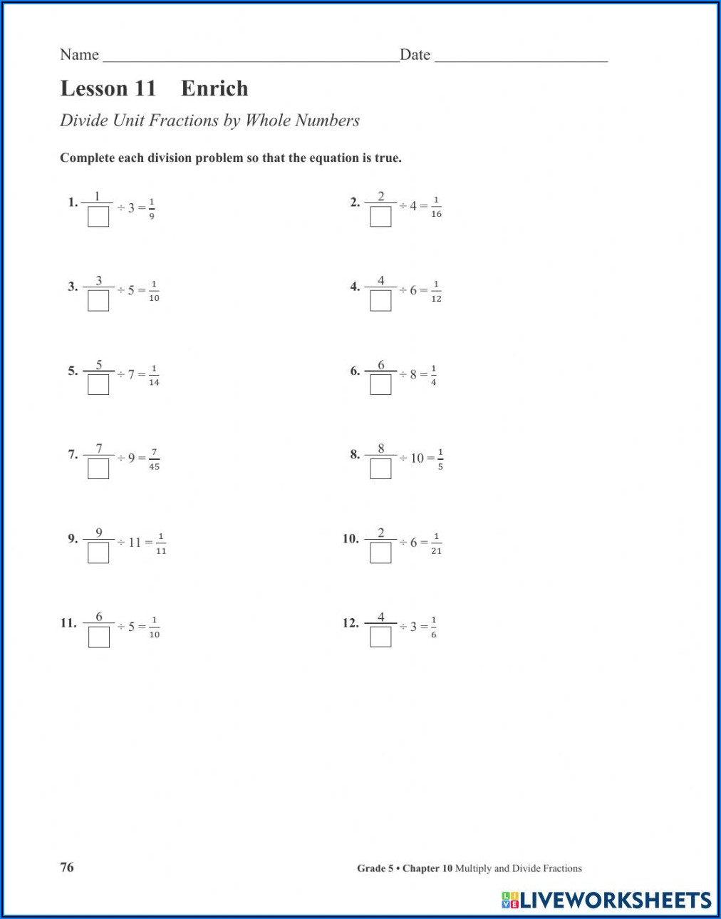 Divide Fraction By Whole Number Worksheet