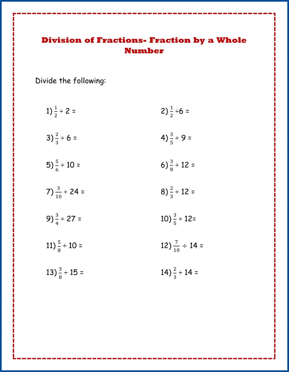 Divide Fractions And Whole Numbers Worksheet