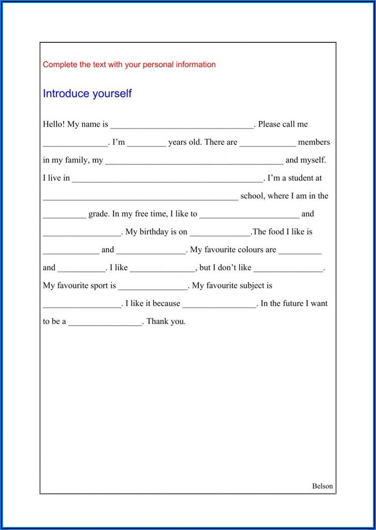 English Worksheet Introduce Yourself
